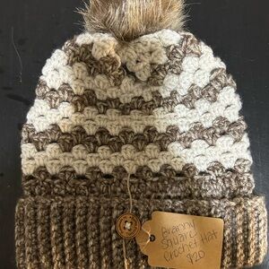 Brown and Cream Crochet Hat with Pom Pom